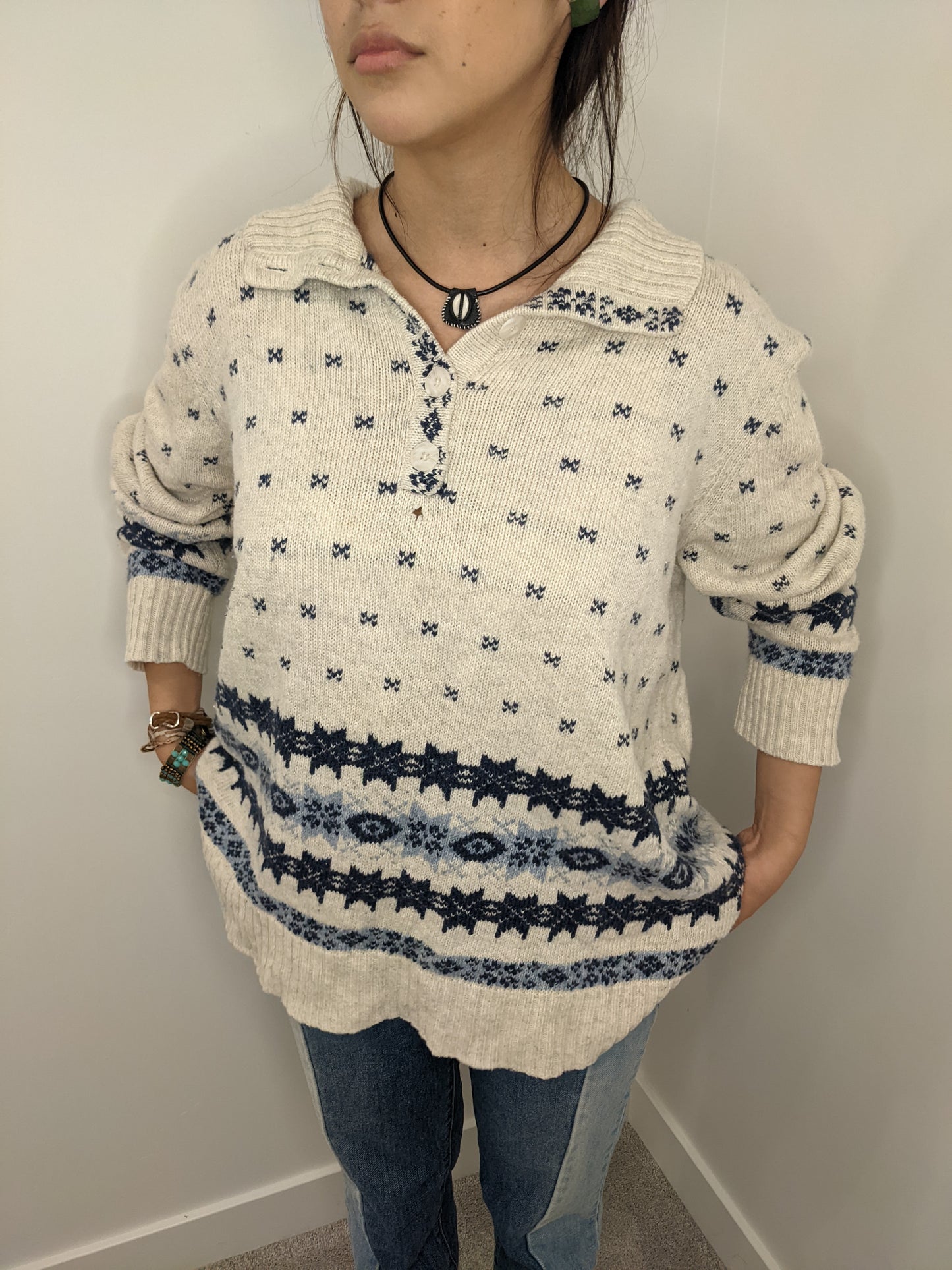Vintage North Crest Cream and Striped Blue Sweater