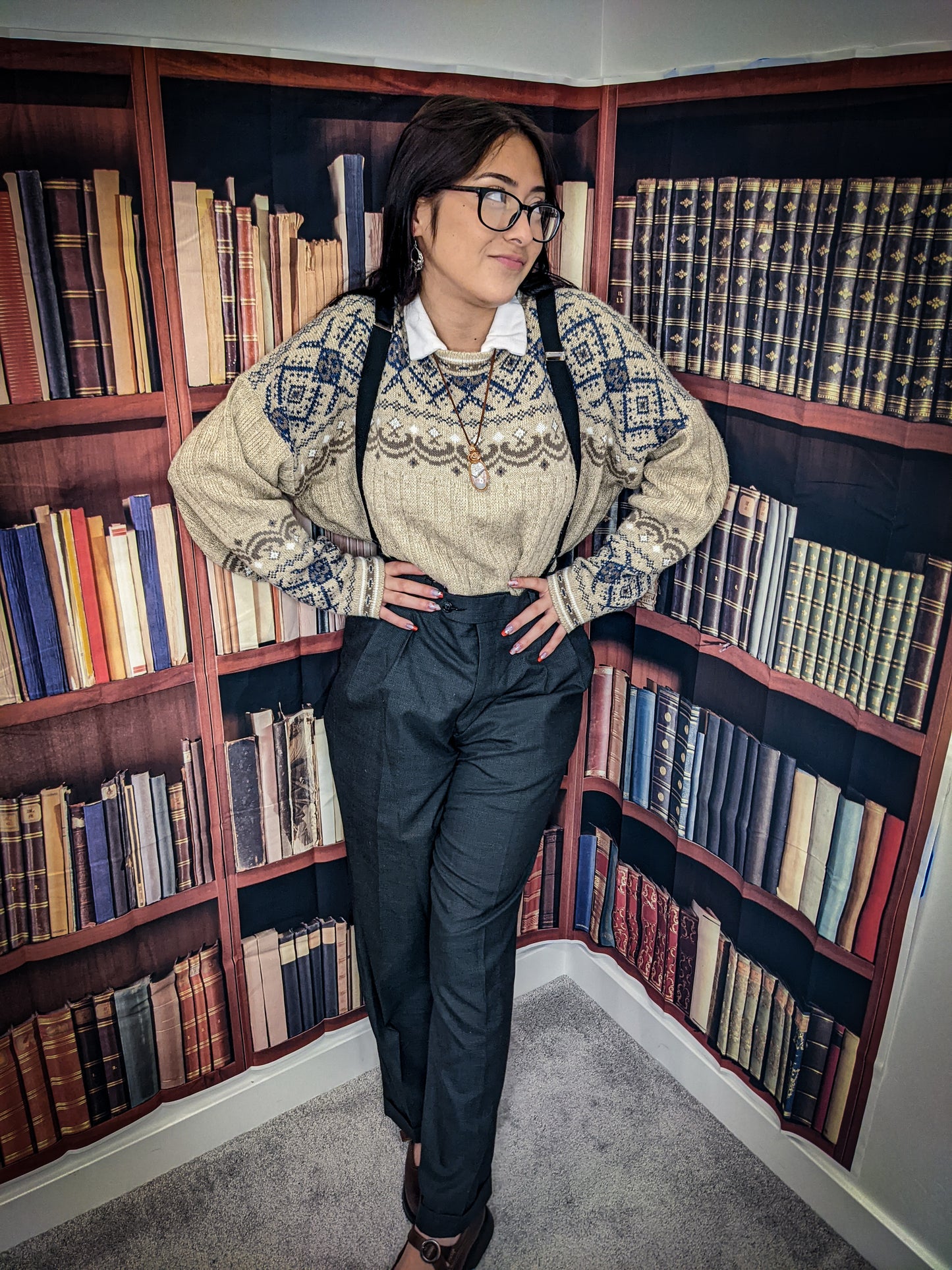 Beige and Blue Granny Sweater and Suspender Trousers