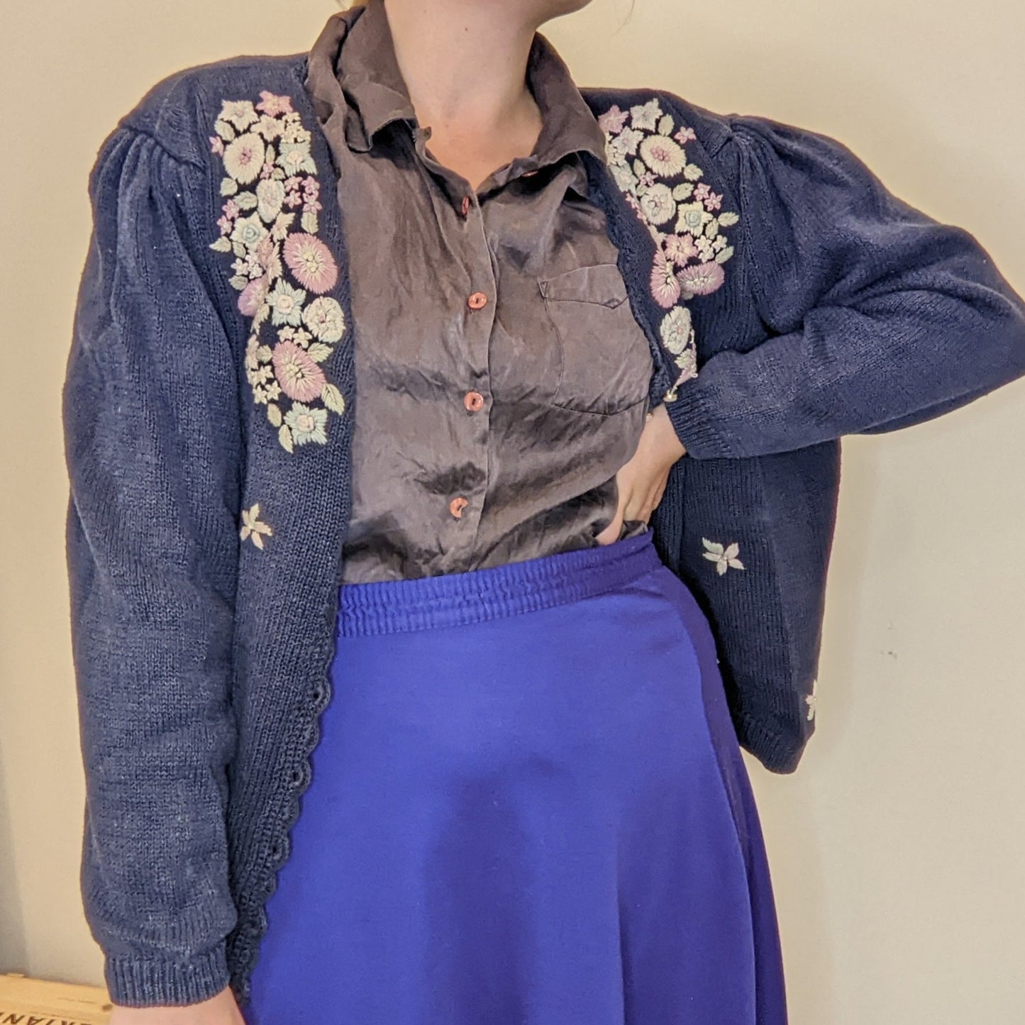 Vintage Blue Ribbed Granny Cardigan with Pastel Flowers