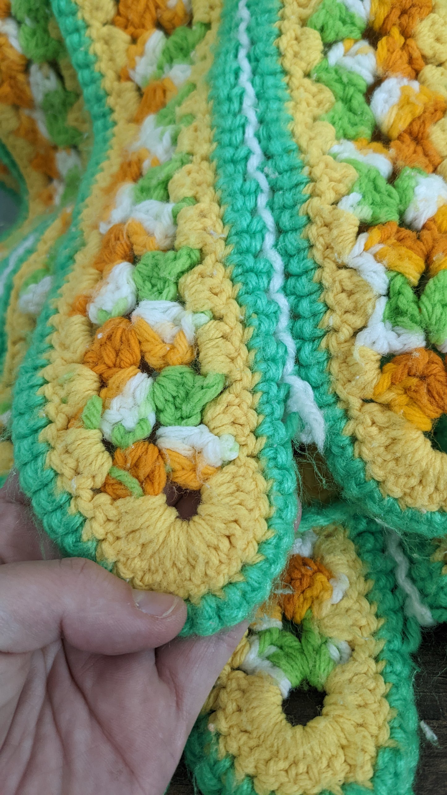 HandMade Yellow, Green, White and Orange Striped Afghan with Loops 76"x57"