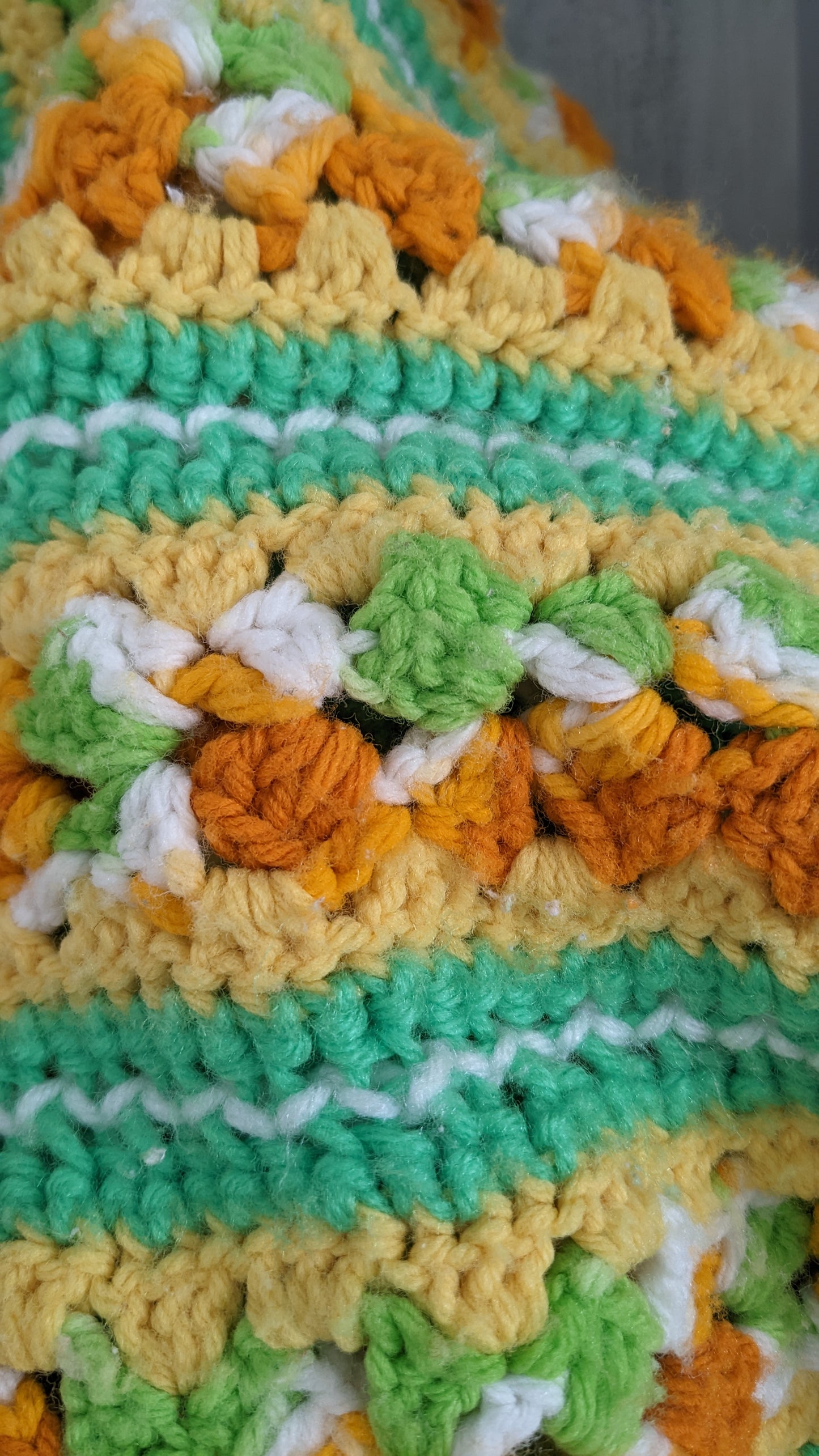 HandMade Yellow, Green, White and Orange Striped Afghan with Loops 76"x57"