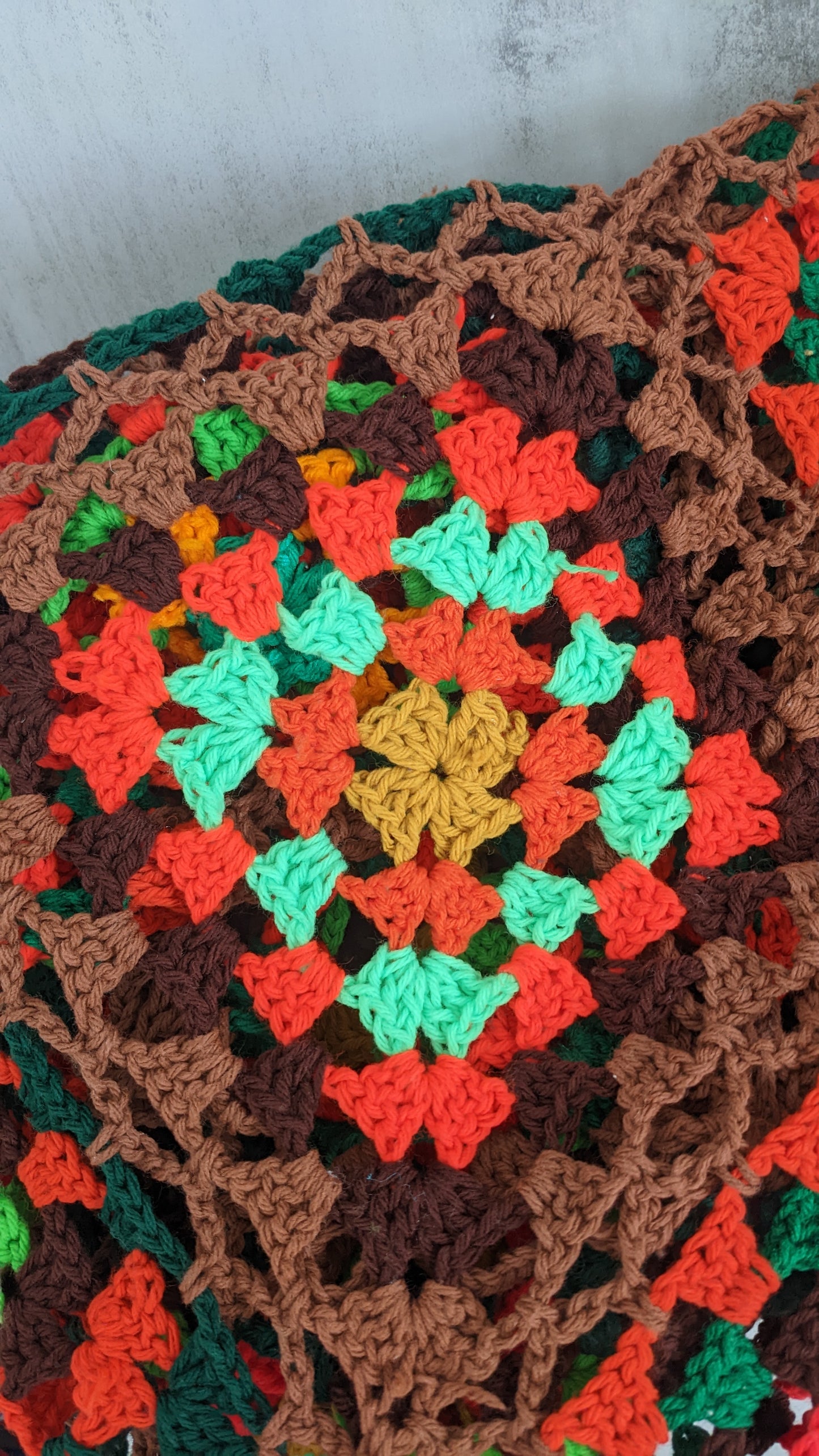 HandMade Brown, Red, Yellow, Orange and Green Granny Square Afghan 81"x95" Pumpkin Patch