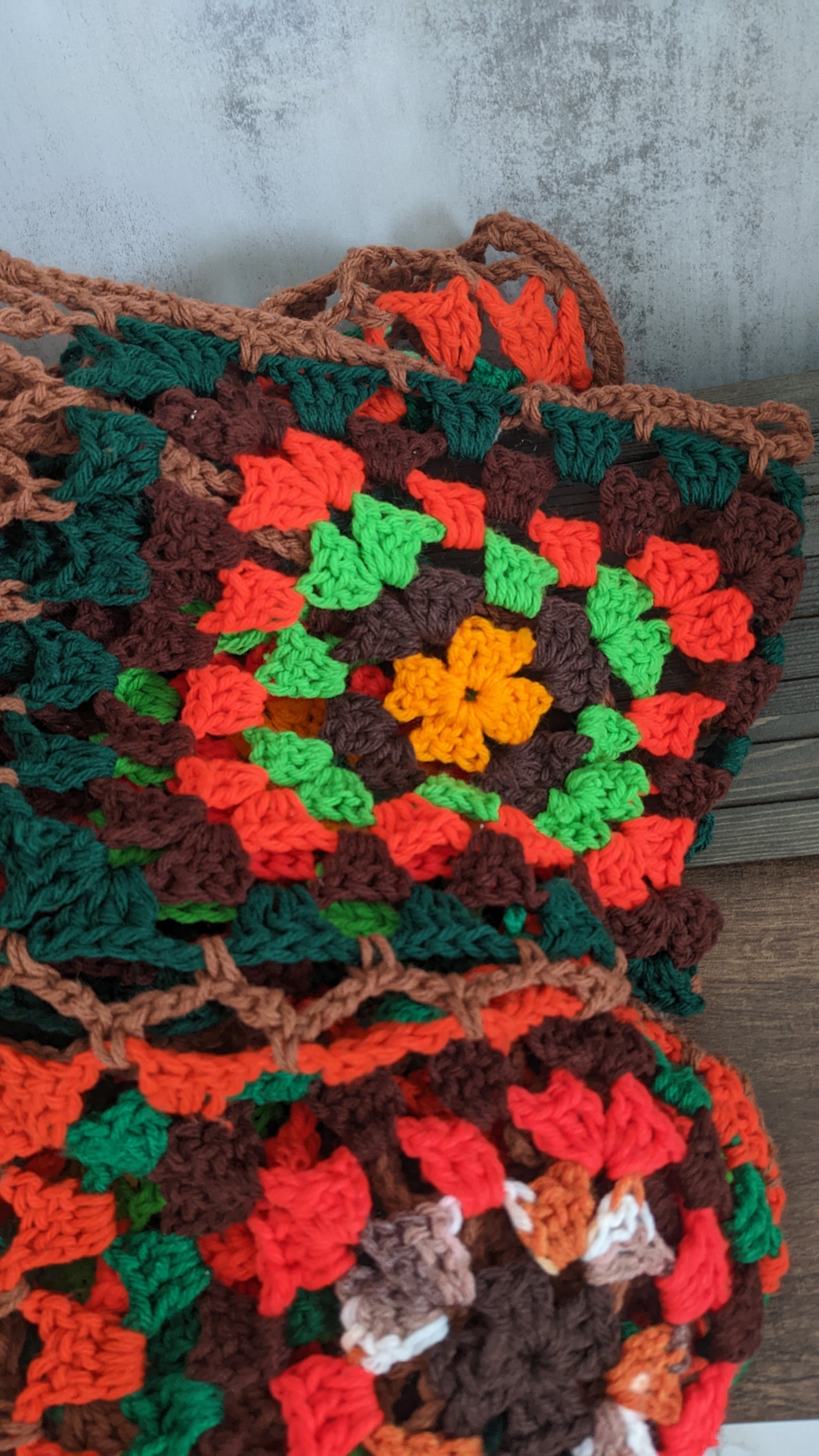 HandMade Brown, Red, Yellow, Orange and Green Granny Square Afghan 81"x95" Pumpkin Patch