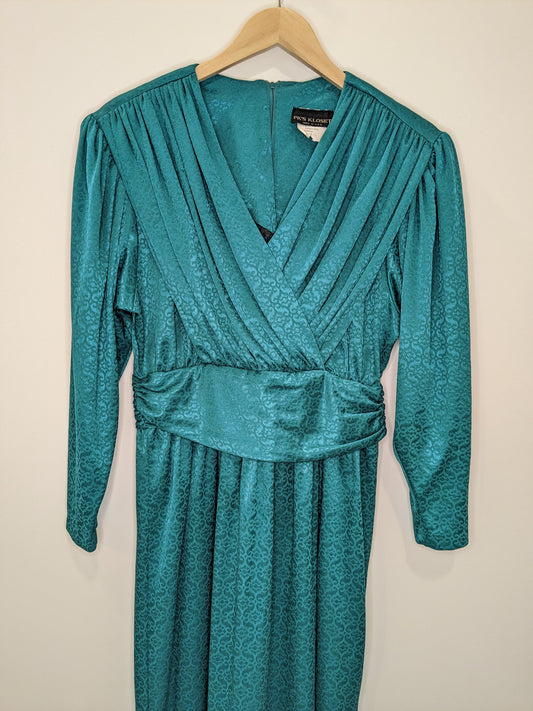 Vintage 80s Sea Green Patterned Sash Dress