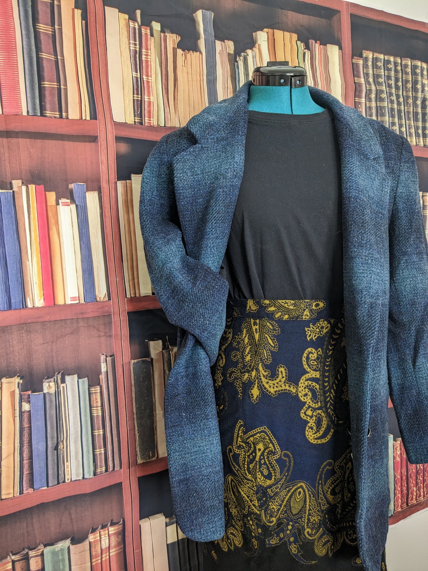 Lane Bryant Blue and Black Scarf Skirt with Gold Filigree Accents.